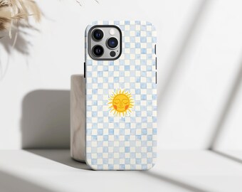 Sun Checkerboard Phone Case, Pastel Blue Gingham Cover, Minimal Yellow Sun Face Case, iPhone 17 16 15 14 13 12 11 Pro Max, Samsung S26 S25