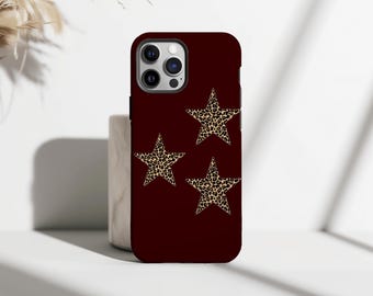 Custodia per telefono con stella leopardata bordeaux, cover estetica selvaggia alla moda Y2K, custodia protettiva chic, iPhone 17 16 15 14 13 12 11 Pro Max, Samsung S25