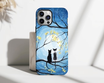 Romantic Moonlight Black Cats Phone Case, Starry Night Aesthetic Cover for iPhone 17 16 15 14 13 12 11 Pro Max, Samsung Galaxy S25 S24 Ultra