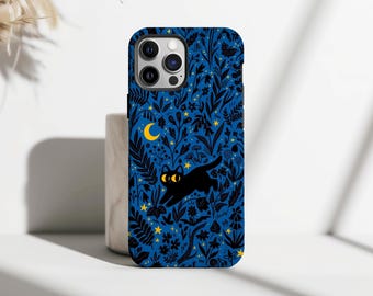 Black Cat Phone Case - Aesthetic Summer Night Art Cover for iPhone 17 16 15 14 13 12 Pro Max, Samsung S25 S24 S23 Plus Ultra
