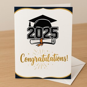 Carte de remise des diplômes 2025 imprimable – Téléchargement numérique avec inscription en or et étoiles | Carte de félicitations élégante pour un diplômé du secondaire ou de l'université