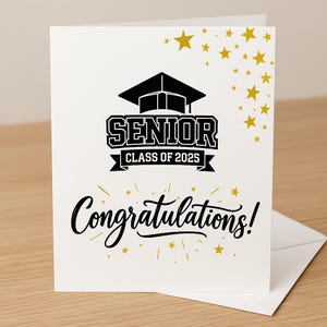 Carte de remise des diplômes imprimable de la promotion 2025 – Téléchargement numérique avec étoiles dorées | Carte de félicitations pour l'obtention du diplôme d'études secondaires