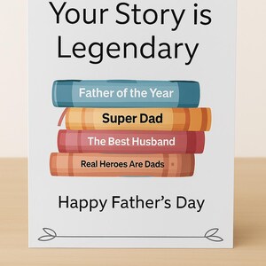 Cartão de Dia dos Pais Legendary Dad | Design de Pilha de Livros | Download Digital para Impressão | Divertido e Sincero