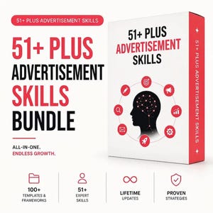 Puede incluir: Un conjunto de caja blanca y roja titulado 51+ PLUS ADVERTISEMENT SKILLS BUNDLE. La caja presenta una silueta negra de una cabeza humana con una red cerebral brillante, rodeada de iconos rojos. El texto incluye ALL-IN-ONE. ENDLESS GROWTH, 100+ TEMPLATES & FRAMEWORKS, 51+ EXPERT SKILLS, LIFETIME UPDATES y PROVEN STRATEGIES.