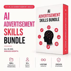 以下が含まれることがあります： AI ADVERTISEMENT SKILLS BUNDLEと書かれた白と赤の箱。人間の頭部の黒いシルエットの中にニューラルネットワークのグラフィックが描かれています。テキストには、51+ PLUS ADVERTISEMENT SKILLS、ALL-IN-ONE. ENDLESS GROWTH、100+ TEMPLATES & FRAMEWORKS、51+ EXPERT SKILLS、LIFETIME UPDATES、PROVEN STRATEGIESが含まれています。
