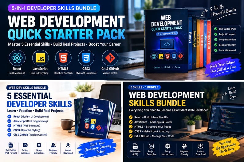 Pode incluir: Um pacote de in&iacute;cio r&aacute;pido de desenvolvimento web com cinco livros digitais sobre React, JavaScript, HTML5, CSS3 e Git & GitHub. O conjunto inclui guias de habilidades em PDF, exemplos de projetos e instru&ccedil;&otilde;es de configura&ccedil;&atilde;o.