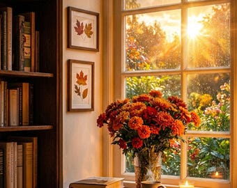 居心地の良い秋の読書コーナーのズーム背景、秋の花、本、キャンドル（デジタルダウンロード）