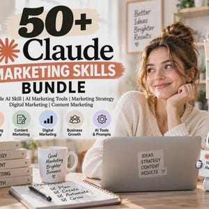 Może przedstawiać: Grafika pakietu marketingowego zatytułowana 50+ Claude Marketing Skills Bundle. Zawiera tekst, ikony, stos książek z etykietami Ideas, Strategy, Content, Marketing, Growth, kubek, notatnik z listą kontrolną oraz małego robota trzymającego znak.