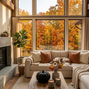 May include: A living room featuring a cream-colored sectional sofa with rust-colored and cream pillows, a fluffy dog resting on the cushions, a wooden coffee table with a black pumpkin, two candles, and a vase with autumn leaves and branches.