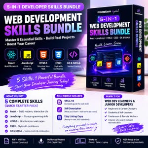 Puede incluir: Un paquete de producto digital 5 en 1 de habilidades de desarrollo web que incluye React, JavaScript, HTML5, CSS3 y Git & GitHub. El gráfico promocional incluye texto que detalla el contenido del paquete, los resultados de aprendizaje y el público.