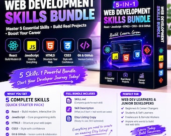 ウェブ開発スキルバンドル | React、JavaScript、HTML、CSS、Gitガイド | デジタルダウンロード（PDF） | 初心者と開発者のためのコーディングチートシート