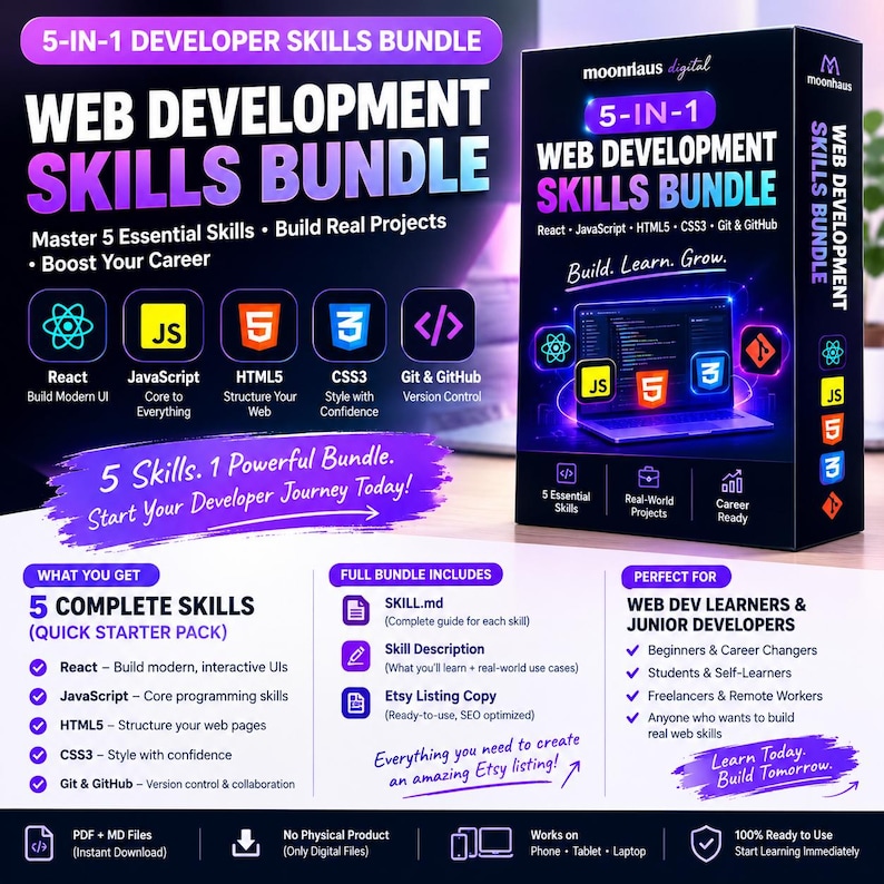 Pode incluir: Um pacote de produto digital 5 em 1 de habilidades de desenvolvimento web com React, JavaScript, HTML5, CSS3 e Git & GitHub. O gr&aacute;fico promocional inclui texto detalhando o conte&uacute;do do pacote, resultados de aprendizagem e o p&uacute;blico-alvo.