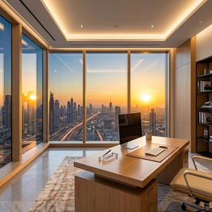 May include: A modern office space featuring a light wood desk with a computer monitor, keyboard, and pen holder. A tan leather office chair sits nearby. A tall black shelving unit displays books and framed art against a wall with a sunset city view.