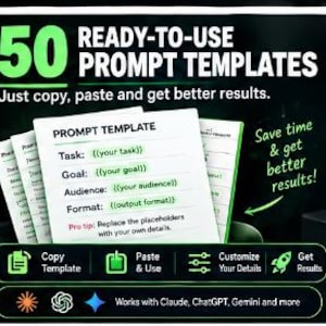 Può includere: Una grafica digitale che presenta 50 modelli di prompt pronti all'uso con istruzioni testuali. Il layout include una scheda centrale che mostra i campi attività, obiettivo, pubblico e formato. Le icone in basso indicano le funzioni.