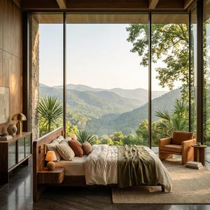 May include: A bedroom featuring a wooden bed frame with integrated nightstands, beige and rust-colored pillows, and an olive green throw blanket. The room includes a leather armchair, a wooden sideboard, and floor-to-ceiling windows with a mountain view.