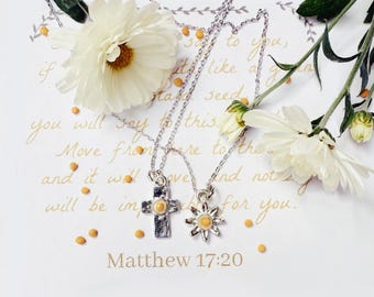 Mustard Seed Necklace Sterling Silver Plated Cross or Daisy