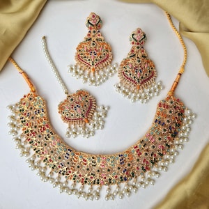 Multicolor Naurattan Bridal Set – Traditional Necklace with Earrings & Bindiya – Pakistani Indian Wedding Jewelry
