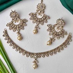 Antique Gold Jewelry Set – Crystal Zircon Necklace with Earrings – Traditional Pakistani Indian Wedding Jewelry