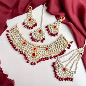 Gold Kundan Indian Bridal Jewelry Set: Polki Necklace, Earrings, Teeka & Jhoomar