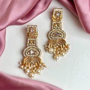 Gold Plated Pearl Drop Earrings: Indian Bollywood Zirconia Jewelry