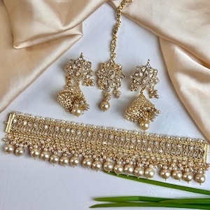 Gold Plated Choker  Bridal Set – Indian Jewelry / pakistani wedding jewelry / statement jewelry / Punjabi / Choker / Wedding Jewelry