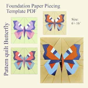 May include: Foundation Paper Piecing Template PDF Pattern quilt Butterfly Size: 6"- 16". Three square graphic designs of butterflies in various color combinations including purple, pink, orange, blue, and yellow, with geometric segments and lines.