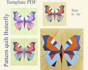 May include: Foundation Paper Piecing Template PDF Pattern quilt Butterfly Size: 6"- 16". Three square graphic designs of butterflies in various color combinations including purple, pink, orange, blue, and yellow, with geometric segments and lines.