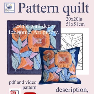 May include: A pattern quilt with a floral design, featuring orange, pink, and blue flowers on a navy blue background. The text reads "Pattern quilt" and "51x51cm". Includes a PDF and video pattern.