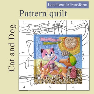 Um molde digital para costura de um painel de patchwork para pendurar na parede do quarto de uma criança. Um aplique fofo de animais - gato e cachorro.