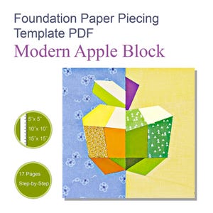 Puede incluir: Plantilla PDF de Foundation Paper Piecing Modern Apple Block. Un diseño de bloque de edredón cuadrado con una manzana estilizada en telas amarillas, naranjas y verdes sobre un fondo azul floral y amarillo. Incluye tamaños de 12,7, 25,4 y 38,1 cm.