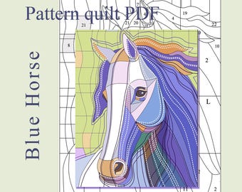 Blue Horse Art Quilt Pattern - 28" x 39" (70 x 98 cm).