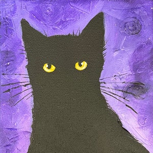 Black cat painting with yellow eyes purple background pet portraits 6&quot; x 12&quot; acrylic on canvas
