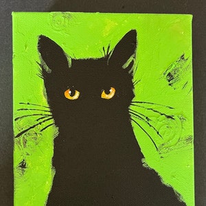 Black cat with yellow eyes painting pet portraits 6&quot; x 12&quot; acrylic on canvas