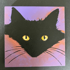 Black cat with yellow eyes painting pet portraits 6&quot; x 6&quot; acrylic on canvas