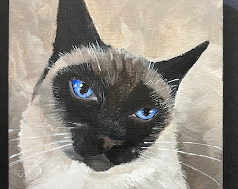 Siamese cat with blue eyes on soft beige background painting pet portraits 6" x 6" acrylic on canvas