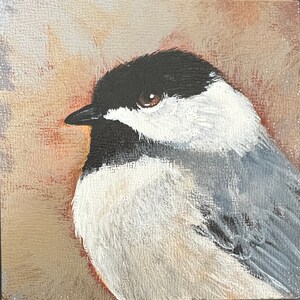 Black Capped Chickadee original acrylic painting on Ampersand canvas texture wood panel