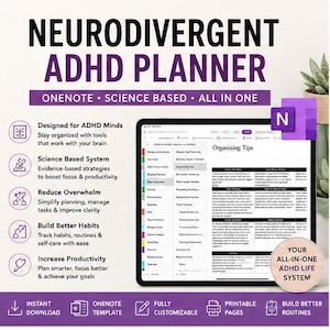 Peut inclure: Un planificateur numérique pour le TDAH avec le texte "NEURODIVERGENT ADHD PLANNER". Conçu pour les esprits TDAH, basé sur la science et tout-en-un. Comprend des outils d'organisation, de productivité et de développement d'habitudes. Entièrement personnalisable et pages imprimables.