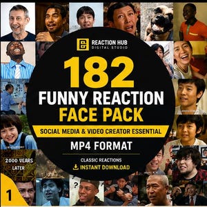 Può includere: Immagine promozionale per un prodotto digitale, con un collage di volti diversi che esprimono varie emozioni. La grafica centrale recita "182 FUNNY REACTION FACE PACK" con testo aggiuntivo che indica che è per creatori di social media e video, in formato MP4.