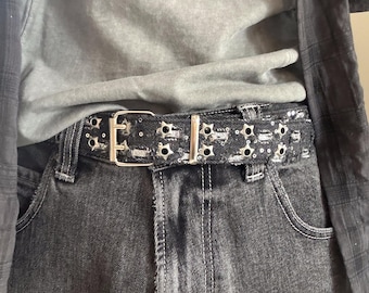 Y2K Punk Denim Belt: Double Silver Star Holes, Vintage Statement Piece