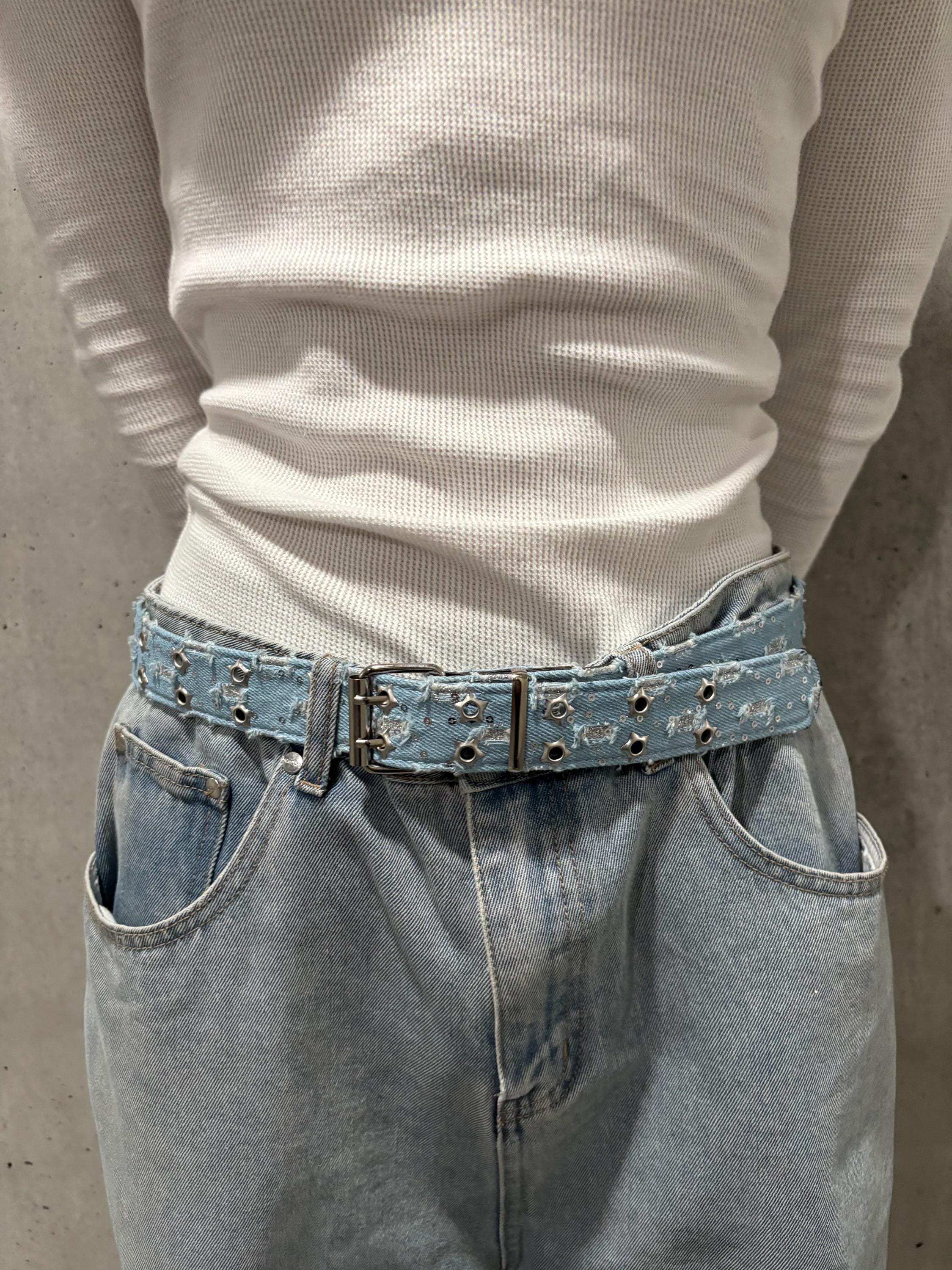 Y2K Punk Denim Belt: Double Silver Star Holes, Vintage  display picture 3