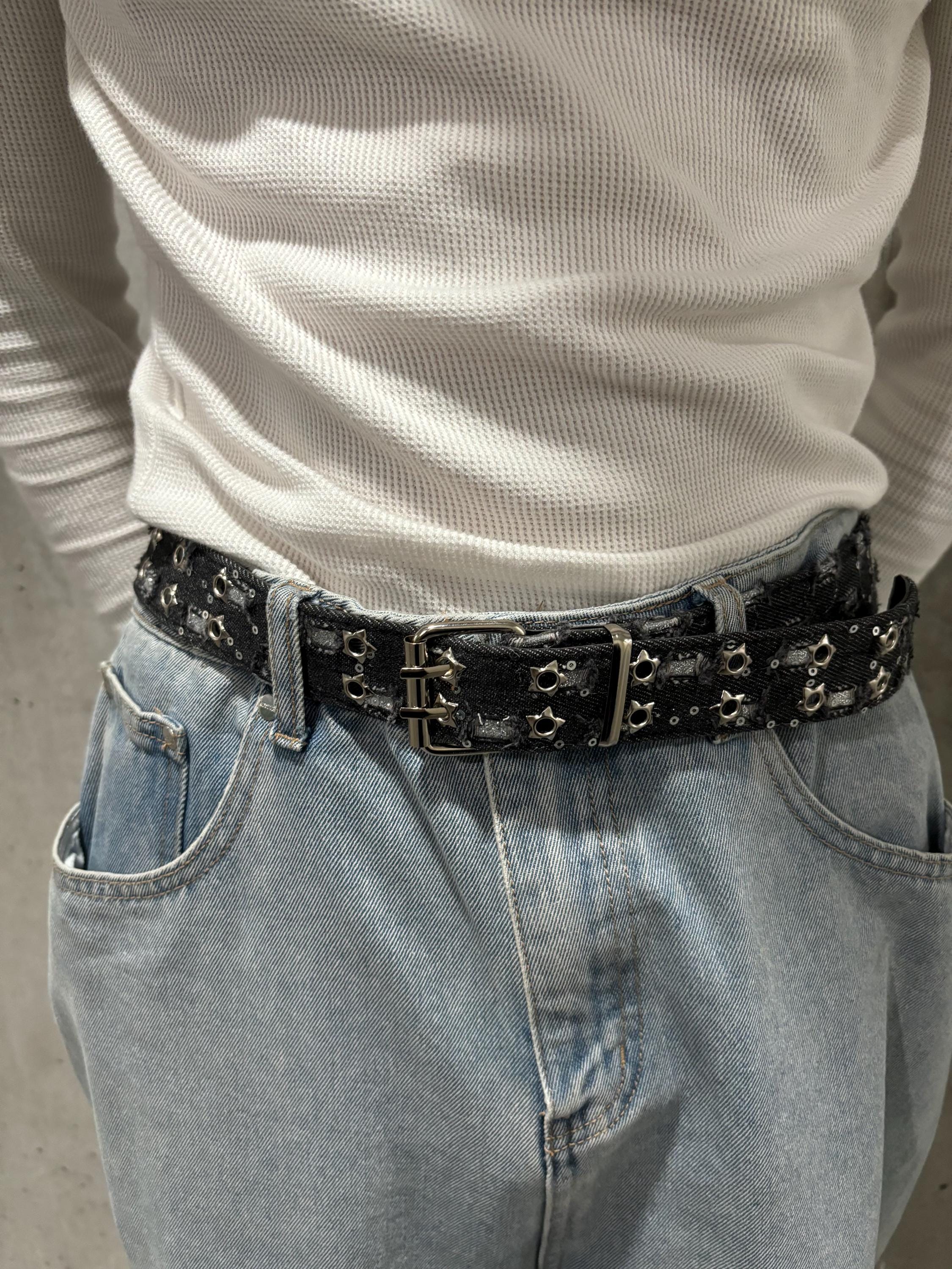 Y2K Punk Denim Belt: Double Silver Star Holes, Vintage Statement Y2K Punk Denim Belt: Double Silver Star Holes, Vintage Statement