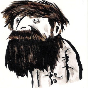 Puede incluir: Ilustración en blanco y negro de un hombre con barba larga y oscura y cabello castaño desordenado. La obra de arte tiene una apariencia esbozada con sombreado. La expresión del hombre es seria.