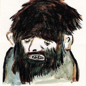 Puede incluir: Ilustración en acuarela de un hombre con cabello oscuro y una larga barba oscura. El hombre tiene una expresión severa con los dientes visibles. La obra de arte está realizada en un estilo suelto y expresivo, con pinceladas visibles y una paleta de colores limitada.