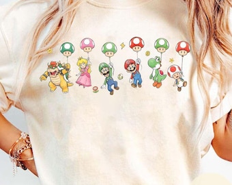 Camiseta de Super Mario con globos en acuarela, camiseta de cumpleaños para niña o niño con diseño de videojuegos de Mario, Luigi, Peach, Princess y Toad, camiseta para adultos y niños.