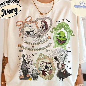 Puede incluir: Camiseta color marfil con un dise&ntilde;o gr&aacute;fico de "Pesadilla antes de Navidad". El dise&ntilde;o incluye ilustraciones enmarcadas de Jack Skellington, Sally, Oogie Boogie y otros personajes, con el t&iacute;tulo de la pel&iacute;cula. La camiseta tiene un corte holgado.