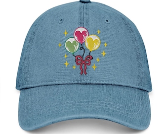 Coquette bow Mickey balloon embroidered Denim Hat, Embroidery Bucket hat Baseball hat cap, Disney trip 2025 Girls trip hat gift for her