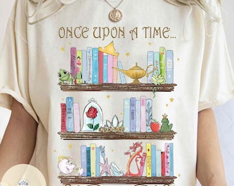 Vintage Disney Bookshelf Princess Watercolor Once Upon A Time T-shirt, Belle Tiana Mulan Tiana Shirt, Belle's Library Tee, Book Lover Gift