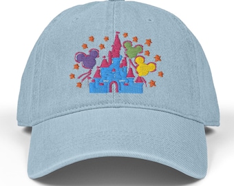 Disney castle Mickey Balloon embroidered Denim Hat, Embroidery Bucket hat Baseball hat cap, Disney trip 2025 Girls trip hat gift for her
