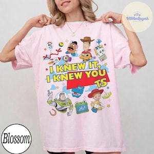 Op de afbeelding: Een lichtroze t-shirt met een kleurrijke grafische print van diverse Toy Story-personages, waaronder Woody, Buzz Lightyear, Jessie, Mr. Potato Head en Forky. De tekst I KNEW IT, I KNEW YOU TS staat in het geel en rood in het midden gedrukt.