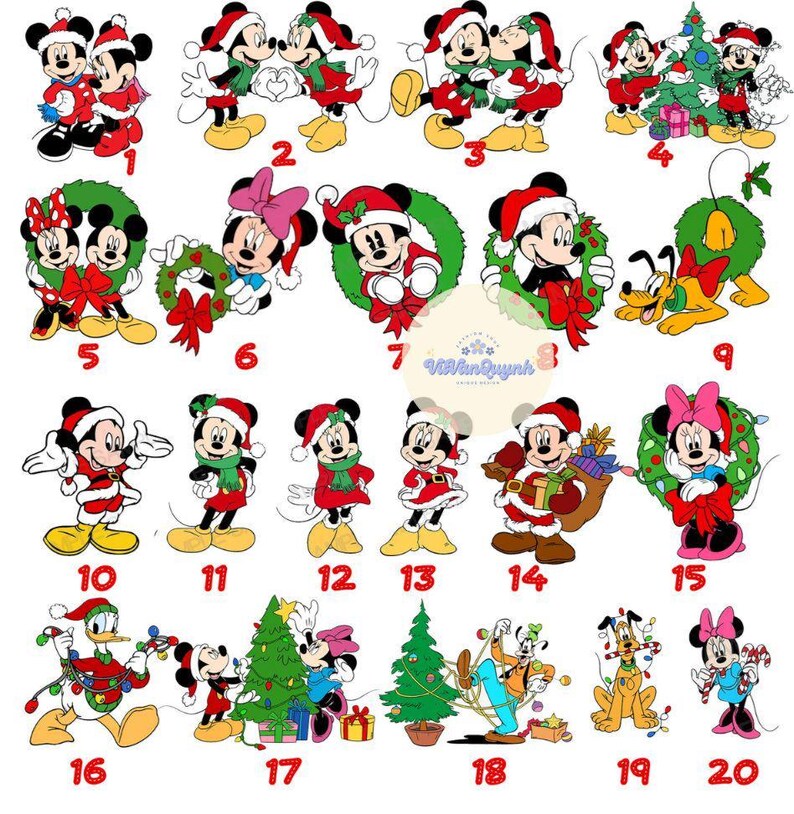 Op de afbeelding: Een verzameling illustraties van stripfiguren met een kerstthema. Mickey en Minnie Mouse, Donald Duck en Pluto worden afgebeeld in feestelijke kleding, waaronder kerstmutsen en vakantieversieringen. De afbeeldingen zijn kleurrijk en tonen verschillende poses.